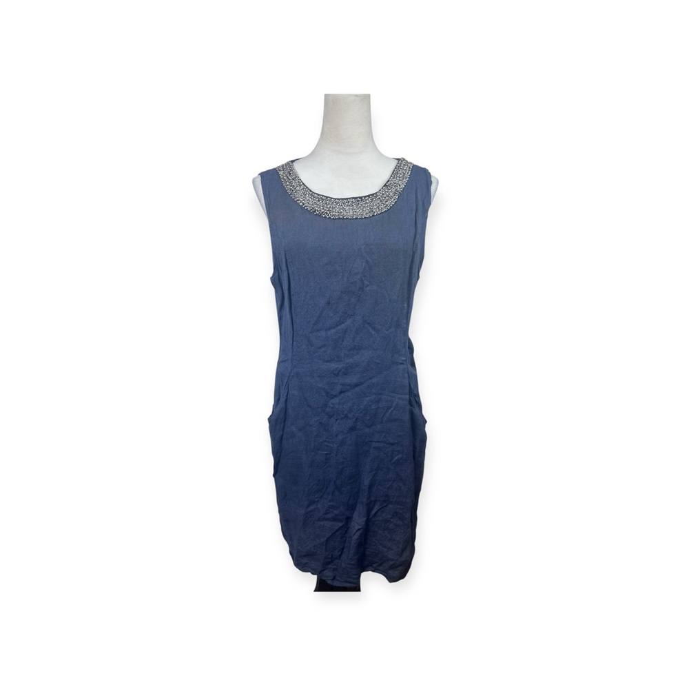 Lina Tomei blue Linen silver Beaded sleeveless Shift Dress Made in Italy size XL